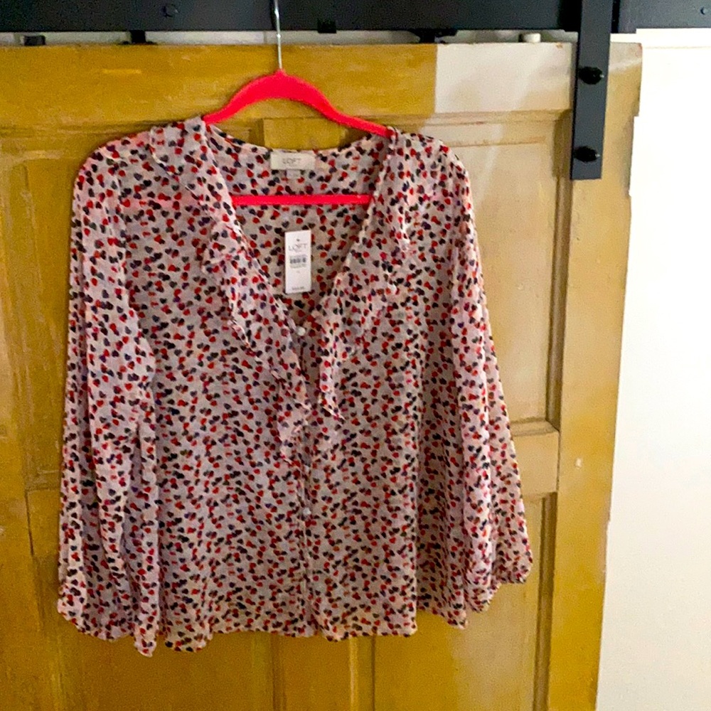 Loft new blouse. Ruffled neck, elastic at sleeves. New